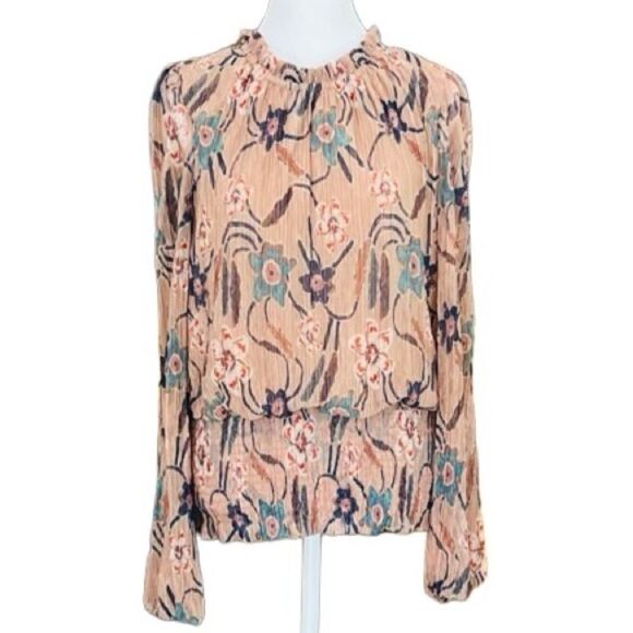 JOIE Gold Shimmer Pleated Floral Print Long Sleeve top size L - Picture 1 of 7